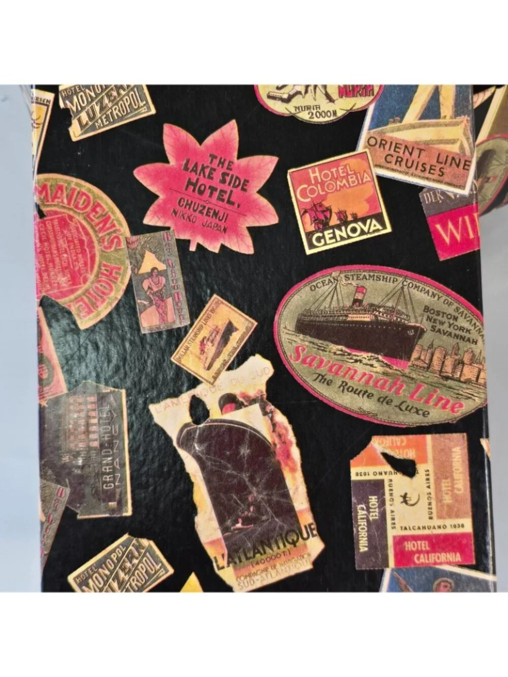 Decorative Storage Box Vintage Travel Labels Collage #1
